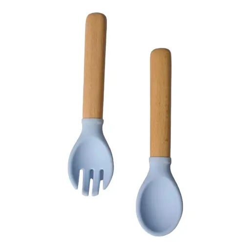 Приборы силиконовые детские OldBro ложка и вилка с деревянной ручкой, mix collors - фото 1