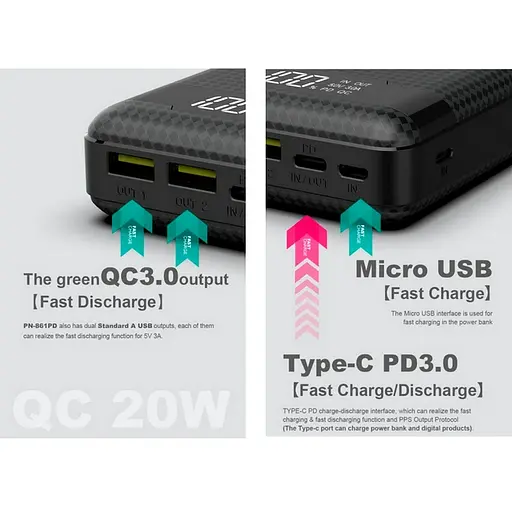 Портативный внешний аккумулятор Pineng PN-861 20000 mAh Power Bank Черный - фото 5