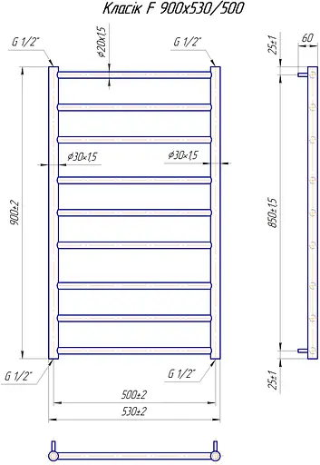 Водяна рушникосушка Mario Класік F 900x530/500 1.1.5907.01.P, Хром, нижнее - фото 5