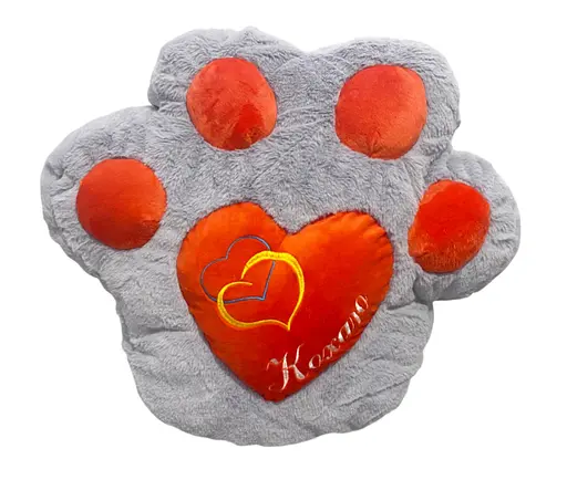 М’яка іграшка Подушка Лапка з серцем, середня, сіро-червона, 45x47 см