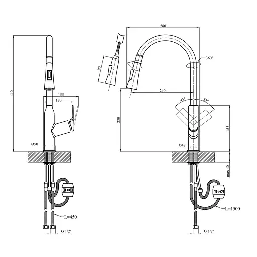 Змішувач для кухні з висувним виливом Kroner KRP Graz - GRP030-T Графит - фото 2