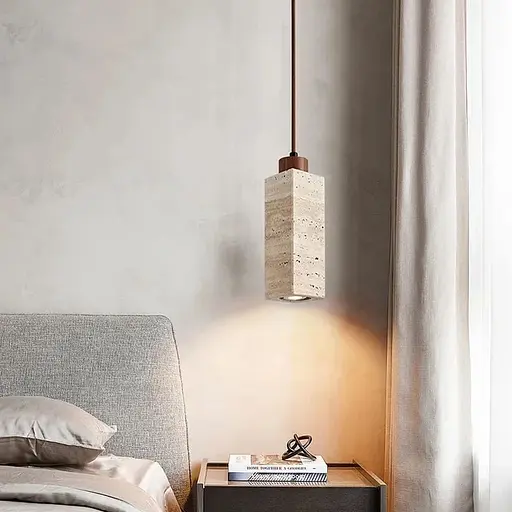 Світильник із підвісним травертиновим корпусом дерев'яною фурнітурою 6.5х6.5х28 см Line F ST003-65 x 230 - фото 1