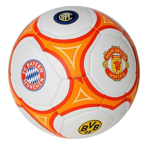 М'яч футбольний EV-3164 білий з помаранчевим із зарубіжними клубами 5 розмір, ПВХ 2 шари, 32 панелі, ігровий м'яч - фото 1