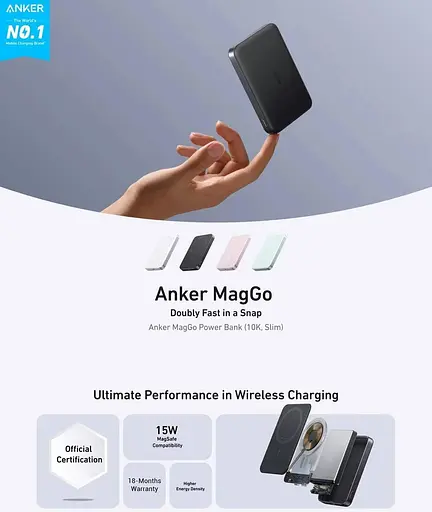 Павербанк Anker MagGo A1664 Ultra Slim магнитный с беспроводной зарядкой черный 10000 mAh - фото 4