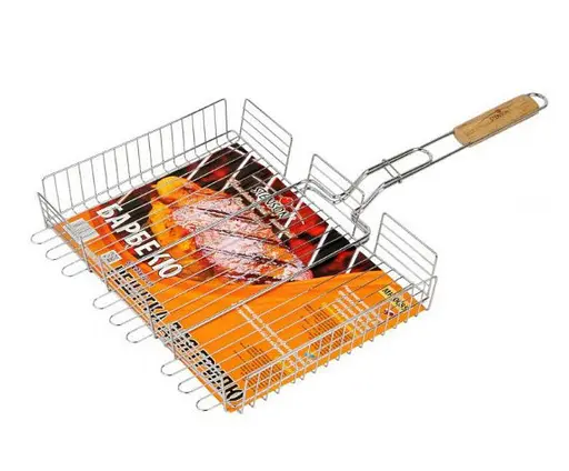 Большая решетка для гриля и барбекю с бортами A-PLUS 1895 42*32*7,5 с ручкой из дерева - фото 4