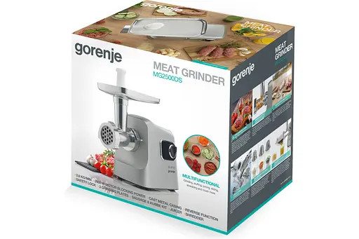 Gorenje Мясорубка, 2500Вт, 2.8кг/хв, 3 решітки, насадка для ковбас, кеббе, шнековий соковидавлювач, 3 терки, пластик/метал, нерж - фото 10