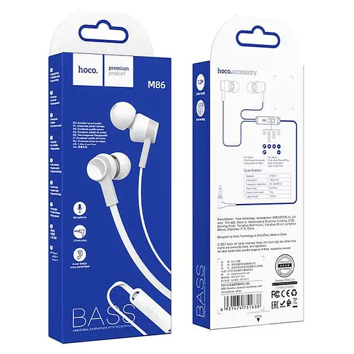 Провідні вакуумні навушники Hoco M86 Oceanic universal earphones with mic, 3.5mm, 1.2m, white - фото 2