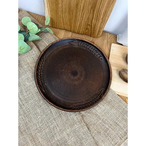 Блюдо для піци 30 см керамічне (глиняне) різьблене Колосок