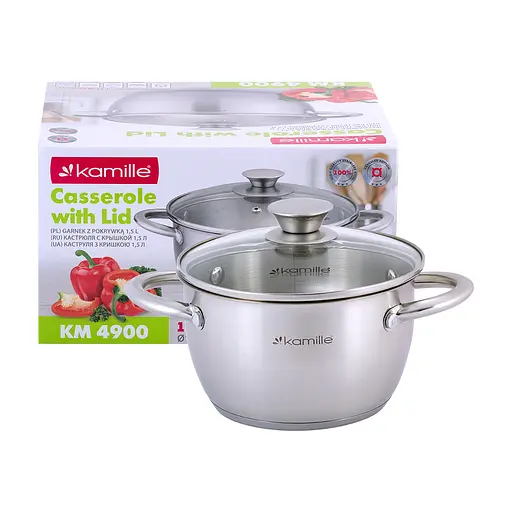 Кастрюля 1.5 л из нержавеющей стали с крышкой и полыми ручками для индукции и газа KM-4900, Kamille Серый 87478 - фото 3
