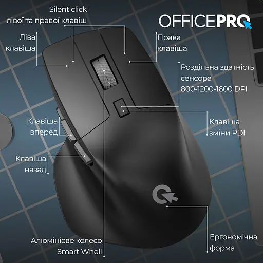 Мышь OfficePro M395B Silent Click Ergonomic Wireless Black [144321] - фото 7