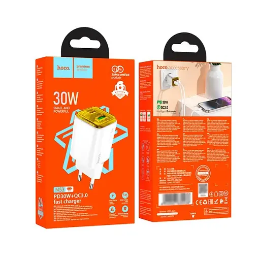 Сетевое зарядное устройство Hoco N53 Monsoon PD30W+QC3.0 charger(EU) Белый - фото 2