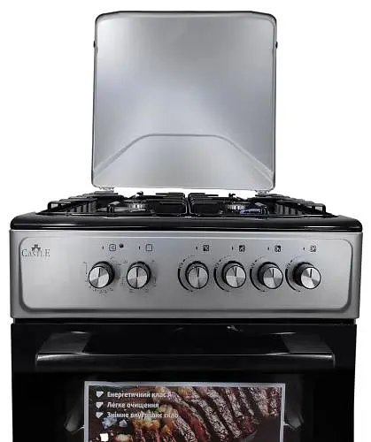 Плита комбінована Castle CPG-60B, Black/Grey, поворотні перемикачі, 4 газові конфорки, автопідпал інтегрований, решітка металева емальована, електрична духовка з подвійним склом, конвекція, підсвітка, два тени, металева кришка, 60x60x86.5см - фото 2