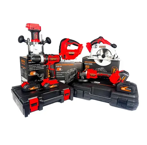 Набір акумуляторного інструменту GTM 18V шурупокрут + КШМ + лобзик + циркулярна пила + фрезер + 4 АКБ і ЗП - фото 1