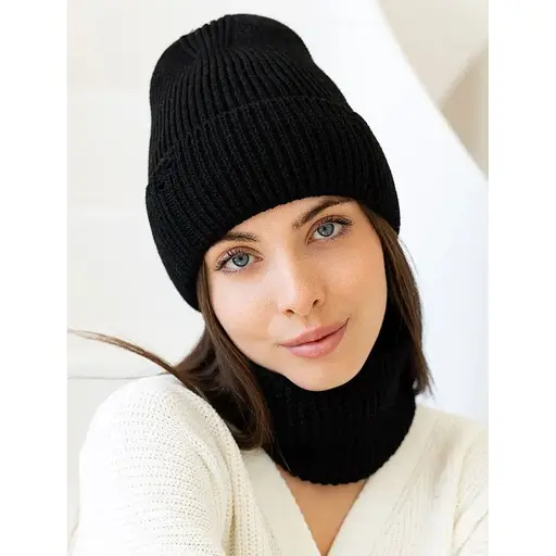 Женская вязаная шапка и снуд набор 1 шерсть 20% с отворотом Черный - фото 1