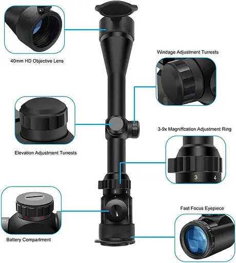 Приціл для гвинтівки Paike 3-9X40 з червоним зеленим козирком та відкидною кришкою - фото 7