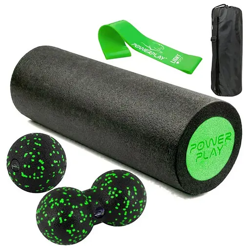 Набір для масажу та йоги PowerPlay PP_4095 EPP (Ролик 45*15 + 2-ва мячі) Green + гумка 5.5 кг (PP_4095_Green) - фото 1