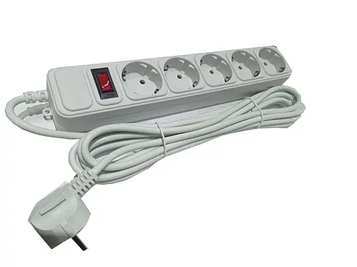 Фильтр-удлинитель Сетевой фильтр 3 метра с заземлением и кнопкой на 5 розеток серый - фото 1