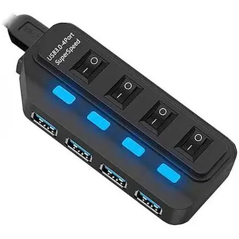 Хаб Usb Lapara LA-Usb305, черный, Usb 3.0 - 4xUsb 3.0, LED подсветка и выключатель для каждого порта, блок питания (5V / 2A) - фото 1