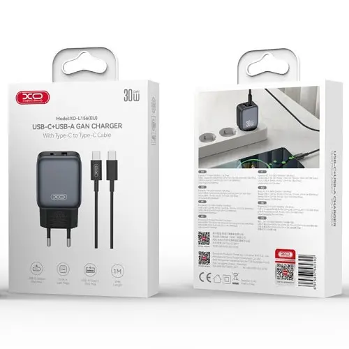 Мережевий зарядний пристрій XO L156(EU) PD30W/QC18W(1A1C) fast charger + Type-C cable Чорний - фото 2