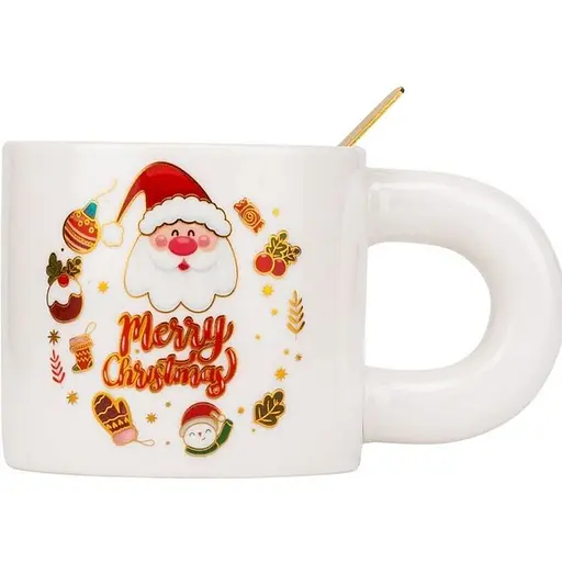 Чашка новогодняя Elisey 9150-021-3 Funny Santa керамическая с ложкой 300 мл Белая - фото 1