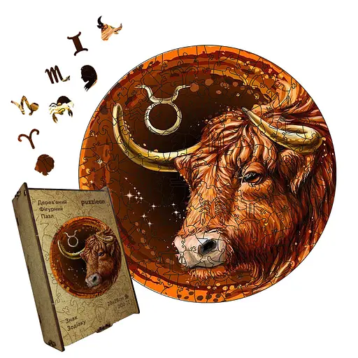 Пазл деревяний Знак Зодіаку Телець, А5, Картонна коробка 35 елементів