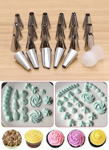 Набір із 23 кондитерських насадок із нержавіючої сталі з перехідником, A-plus 85475 - фото 1