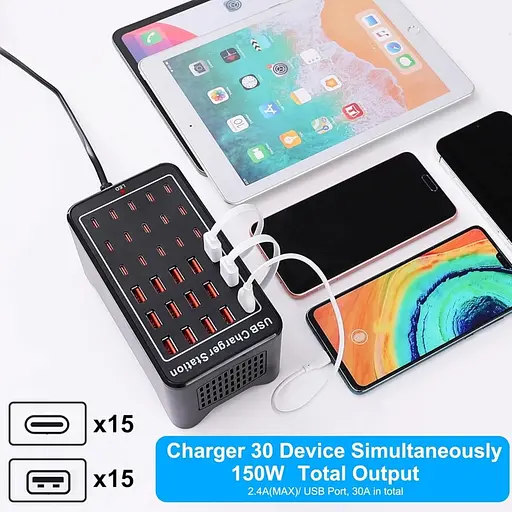 Зарядная станция ILEPO многопортовая на 15 USB портов + 15 Type-C 150 Вт / сетевое мультизарядное устройство (19018) - фото 11