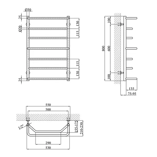 Рушникосушарка водяна Kroner Мікс ДМ07 800x530/7 CV017231, Хром, нижнее - фото 2