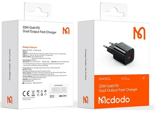 Мережевий зарядний пристрій McDodo Nano Series 33W PD + QC Dual Port Charger ( EU plug ) CH-0151 Чорний - фото 2