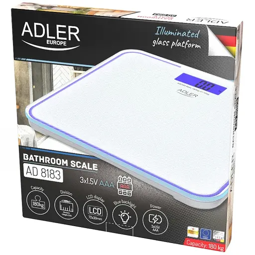 Весы напольные Adler AD 8183 white электронные/ 180кг/ 2хААА автовыключение/ синяя подсветка - фото 3