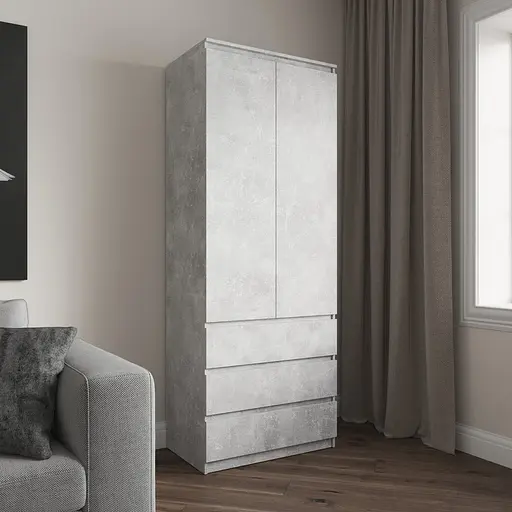 Шкаф для одежды Vays R-16 Бетон, 3 ящика, полки, без ручек, ЛДСП, 80×50×211 см – для спальни, гостиной, прихожей