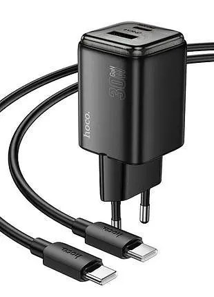 Швидкий зарядний пристрій Hoco n53 2 порти 30 W блок і кабель Type-C to Type-C чорний - фото 2