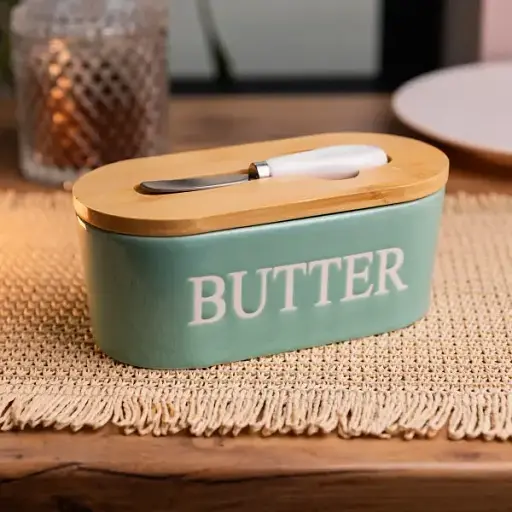 Маслянка порцелянова Yiwu з бамбуковою кришкою та ножем для масла бірюзовий CYT-G - фото 2