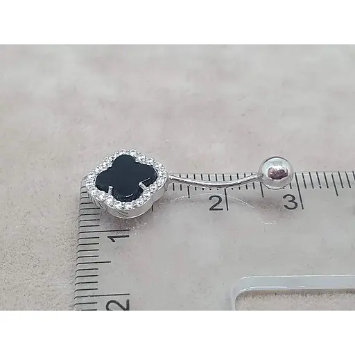 Серебряная серьга для пирсинга пупка Клевер с ониіксом. 6025 - фото 5