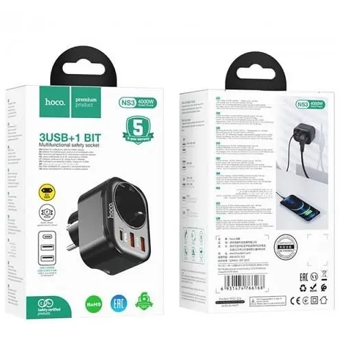 Мережевий фільтр HOCO NS3 на 1 розетку + 2 USB + USB-C, 20W, 220В, Black - фото 4