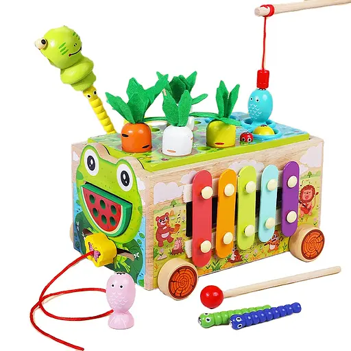 Дерев'яна іграшка "Розвиваючий навчальний Центр" каталка, ксилофон, риболовля, город з морквою, лабіринт, годинник, шнурівка MD0729