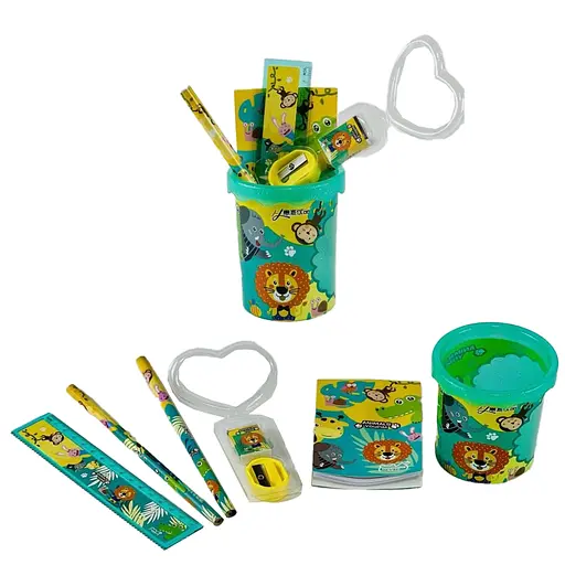 Стакан для ручек пластиковый Животные, с наполнением, 6 предметов