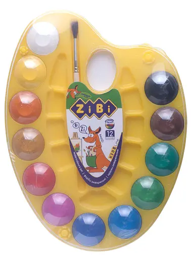 Фарби акварельні на палітрі, 12 кольорів, натуральний пензель, жовтий