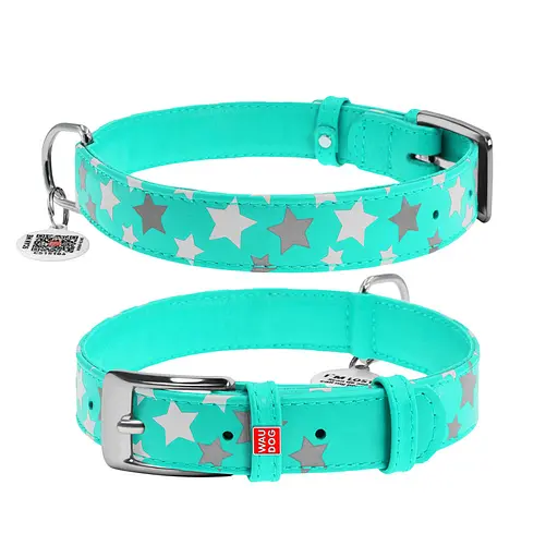 Ошейник для собак кожаный Waudog Glamour с QR-паспортом узор "Звездочка" светонакопительный/светоотражающий L Ш 25 мм,