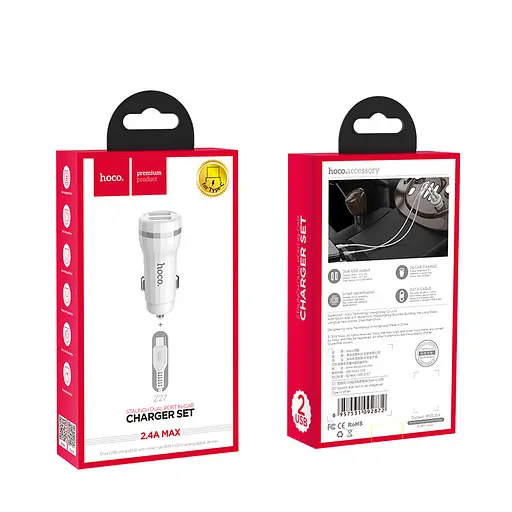 АЗП - Зарядний адаптер для авто Hoco Z27 + кабель Type-C - 2 USB 2.4A комплект білий - фото 2