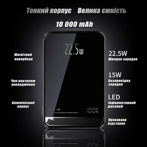 Повербанк MagSafe Delicate Powerbank с беспроводной зарядкой для iPhone магнитный 10000 mAh 20W Black - фото 2