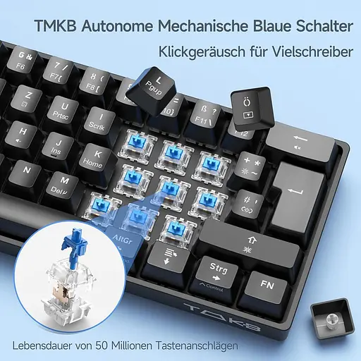 Ігрова механічна клавіатура TMKB T61SE з німецькою розкладкою QWERTZ, синій перемикач, чорний - фото 5