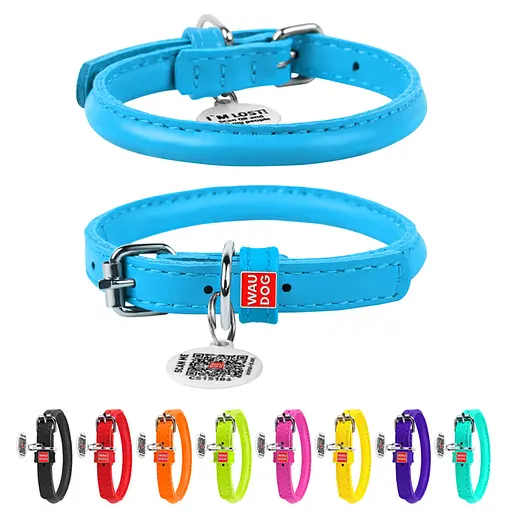 Ошейник для собак кожаный Waudog Glamour с QR-паспортом круглый Д 8 мм Д 20-25 см голубой - фото 2