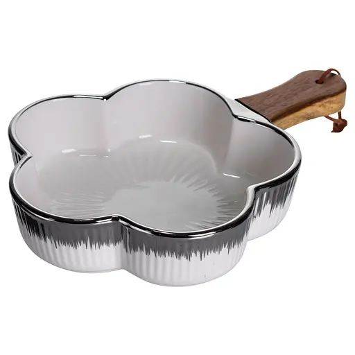 Тарелка фарфоровая глубокая с ручкой Цветок 27×20×5 (см) сервировочное блюдо с ручкой для подачи тарелка сковорода Серебро Yiwu ZJH-13-4 - фото 2