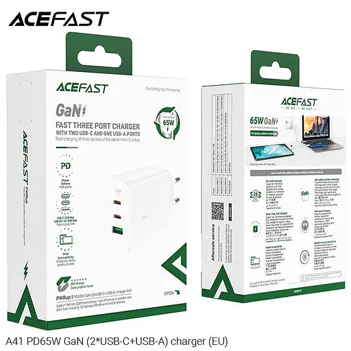 Зарядное устройство Acefast GaN A41 3 выхода 2*Type-C и 1*USB 65W белое - фото 4