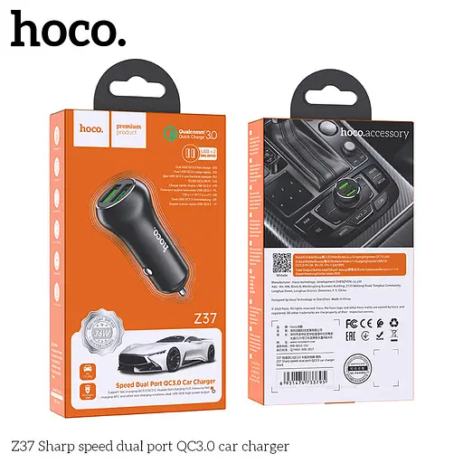 Адаптер автомобильный Hoco Sharp speed dual port Car charger Z37 | 2USB, QC3.0, 3A, 36W | - фото 2