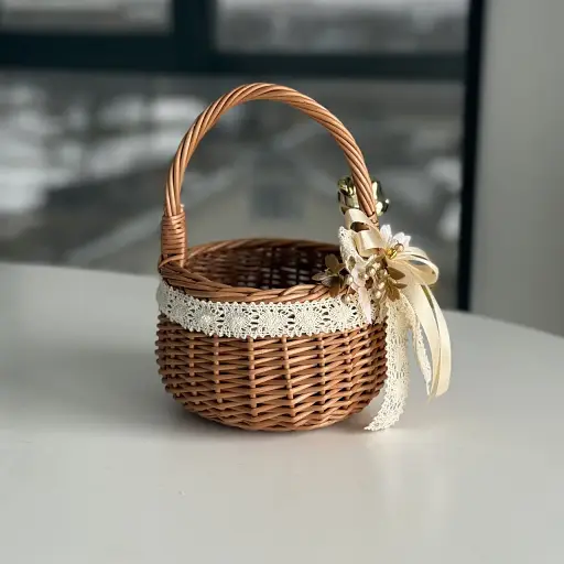 Пасхальная корзина 15х15х19см hand-made MIS LT натуральная с бежевым декором и мишкой - фото 2