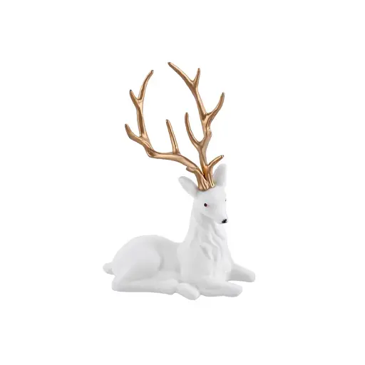 Декоративная новогодняя фигура Олень 20см сидячий с флоковым покрытием и глянцевыми рогами Белый с золотым - фото 1