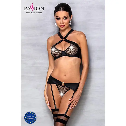 Сітчастий набір: бюстгальтер із халтером Passion Amanda Set black L/XL - фото 3