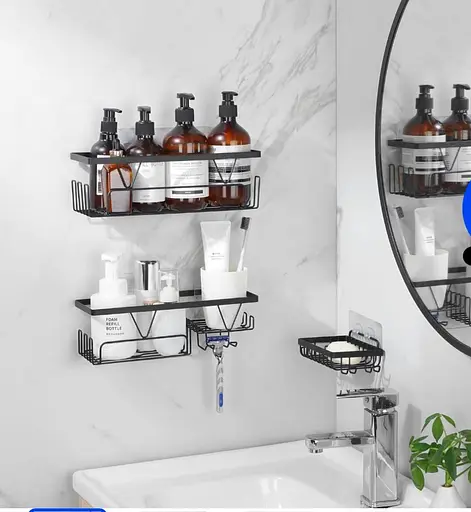 Полка для душа Kegii самоклеящаяся для хранения с держателем для мыла и бритвы - фото 3